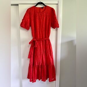 Ann Taylor Orange Eyelet Midi Flare Dress